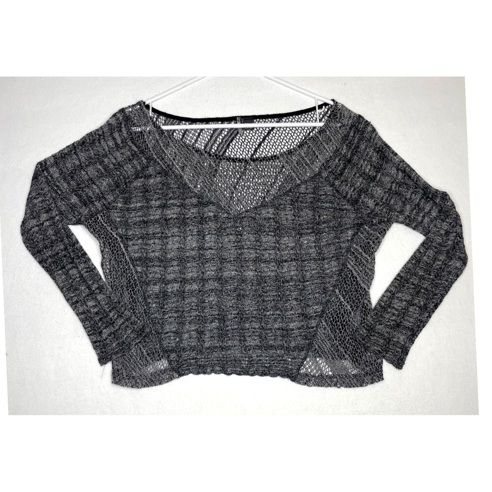 Women Sweater Mesh Crochet Knit V-Neck Small Grey Black Sparkle & Fade